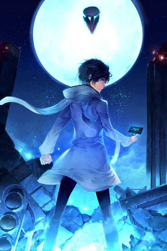 Anime character with device under moon