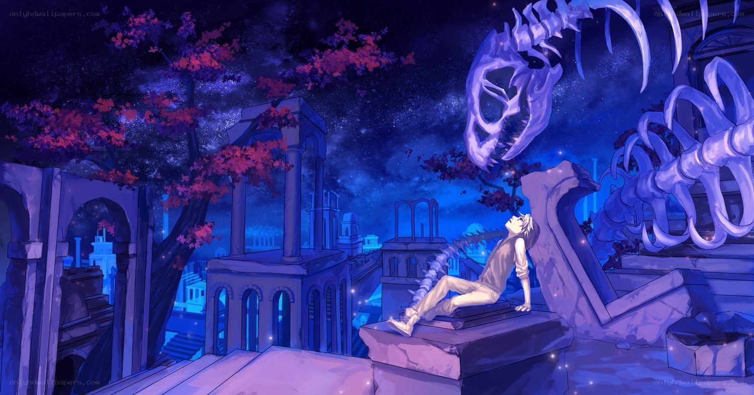 Anime character with dinosaur skeleton