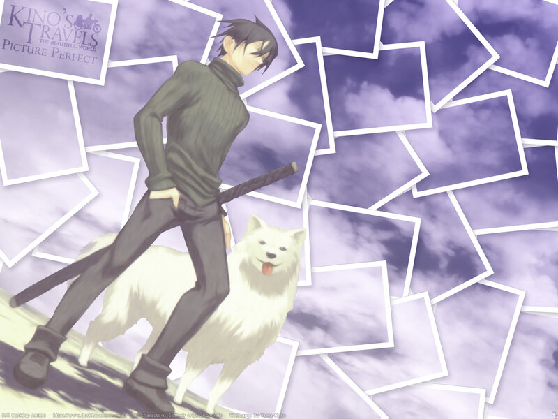 Anime character with dog on photo background