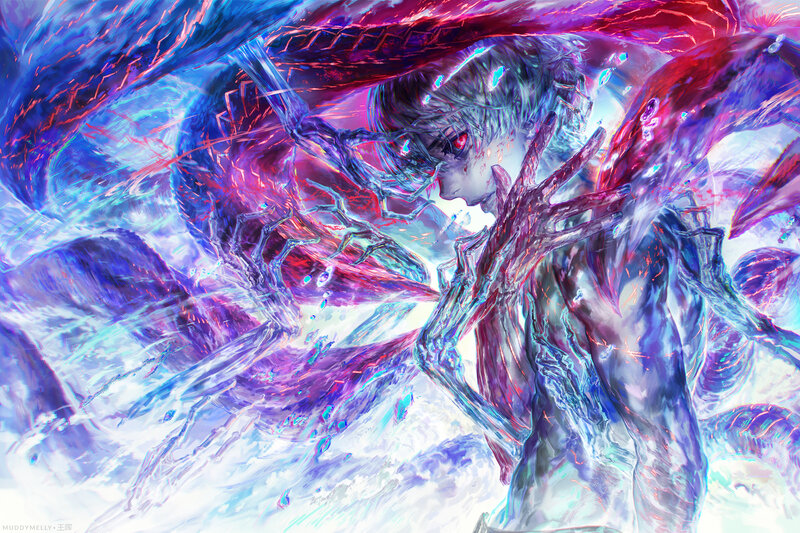 Anime Character with Dragon — Blue, Dramatic, Digital Art, Energy
