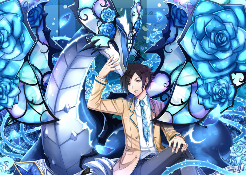 Anime Character with Dragon — Blue, Dramatic, Digital Art, Roses