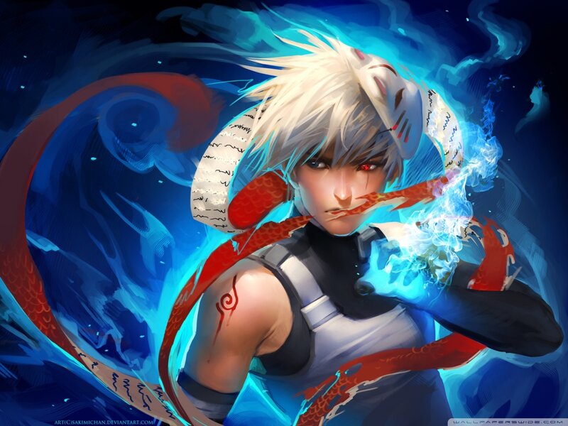 Anime Character with Dragon — Blue, Dramatic, Night, Digital Art, Mask, Chakra
