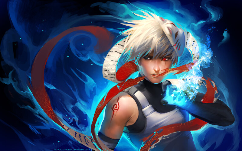 Anime Character with Dragon — Blue, Dramatic, Night, Digital Art, Mask