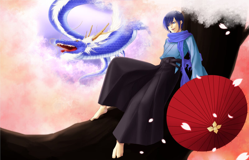 Anime Character with Dragon — Blue, Dramatic