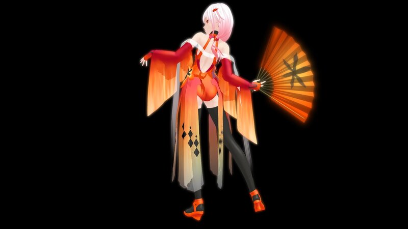 Anime Character with Fan — Black, Dramatic, 3d Render
