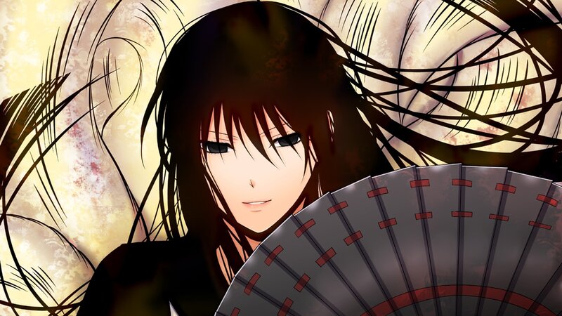 Anime Character with Fan — Black, Dramatic, Hair, Eyes