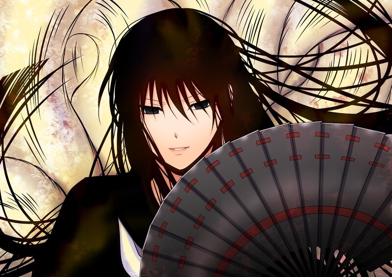 Anime Character with Fan — Black, Dramatic, Hair