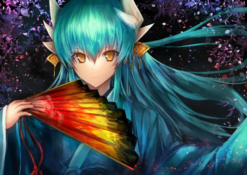 Anime Character with Fan — Blue, Serene