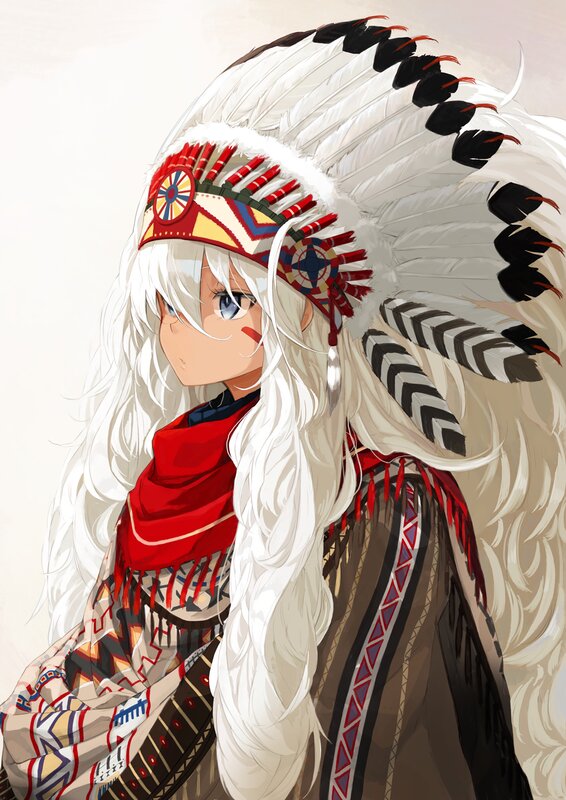 Anime Character with Feather Headdress — White