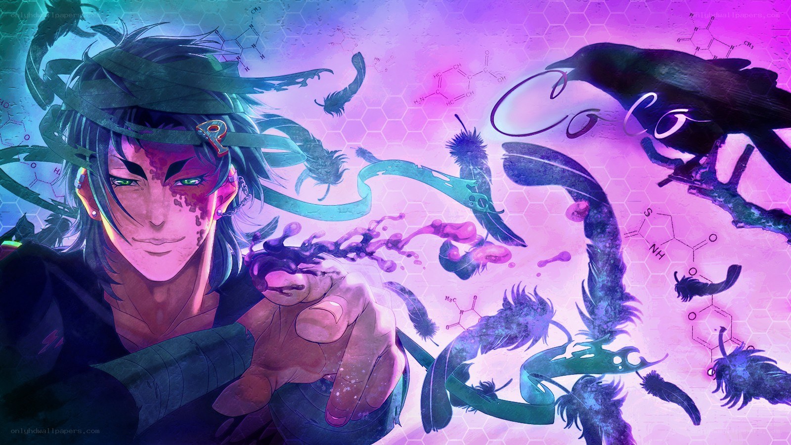 anime character with feathers and crows