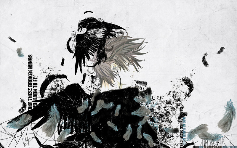 Anime Character with Feathers — Black, Dramatic