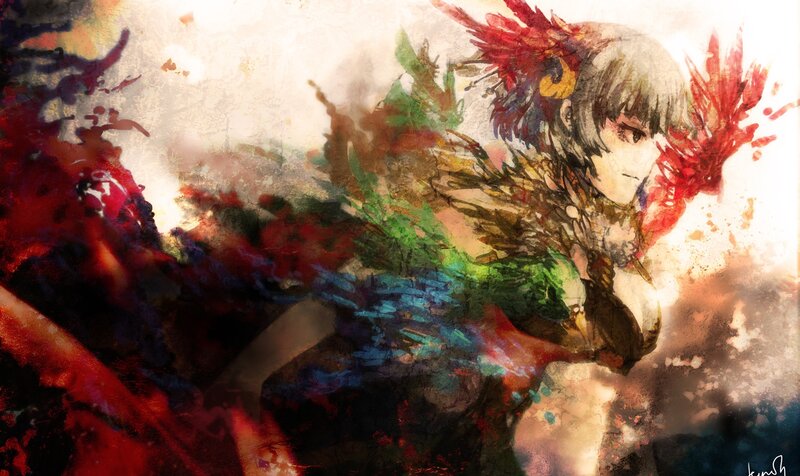 Anime Character with Feathers — Red, Dramatic