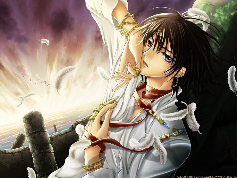 Anime Character with Feathers — White, Dramatic, Sunset
