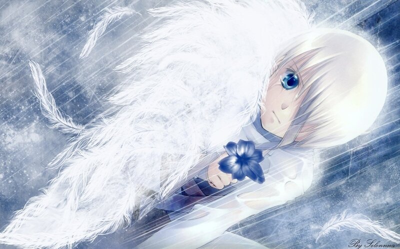 Anime Character with Feathers — White, Dramatic, Winter