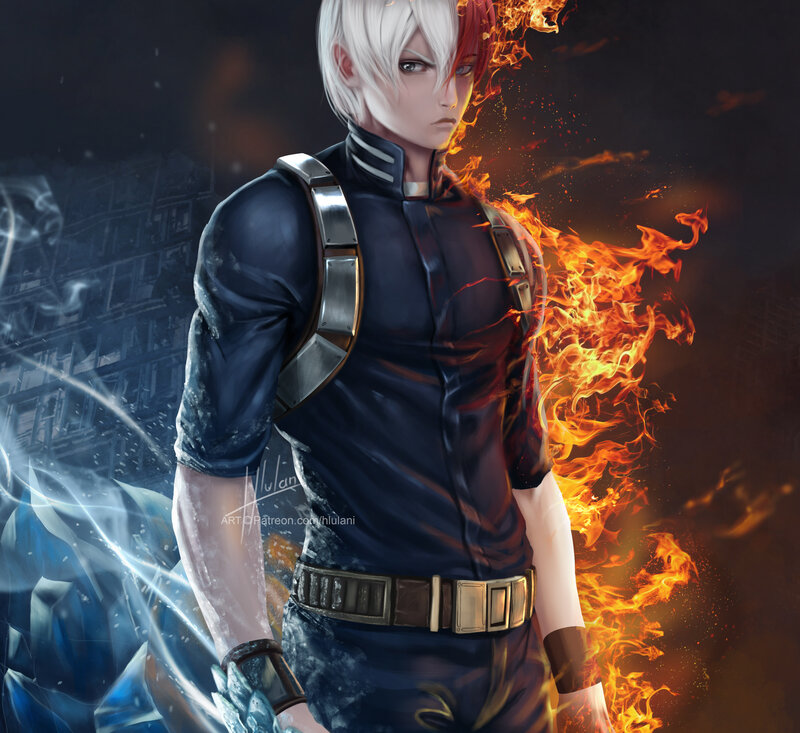 Anime Character with Fire and Ice — Black, Dramatic