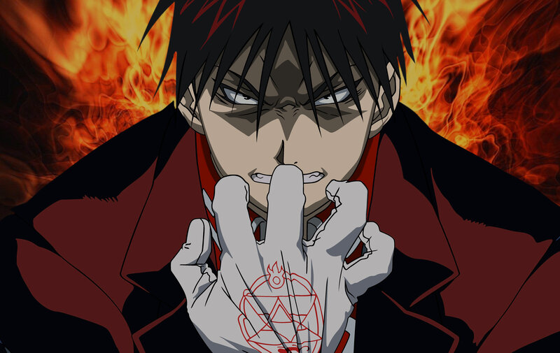 anime character with fire background