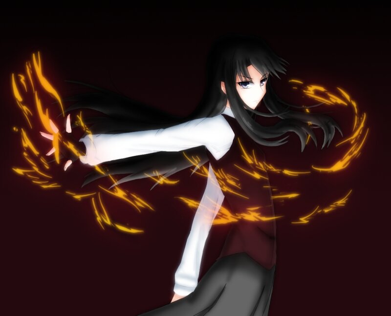 Anime Character with Fire — Black, Dramatic, Night, Long Hair