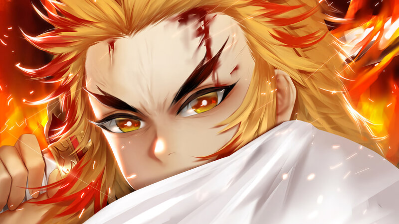Anime Character with Fire — Orange, Dramatic, Digital Art, Blood