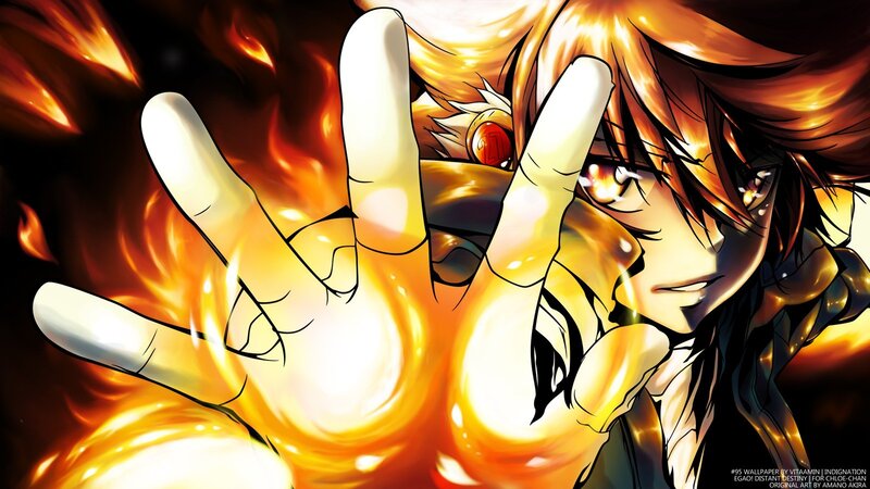 Anime Character with Fire — Orange, Dramatic, Manga, Hand Gesture, Flames