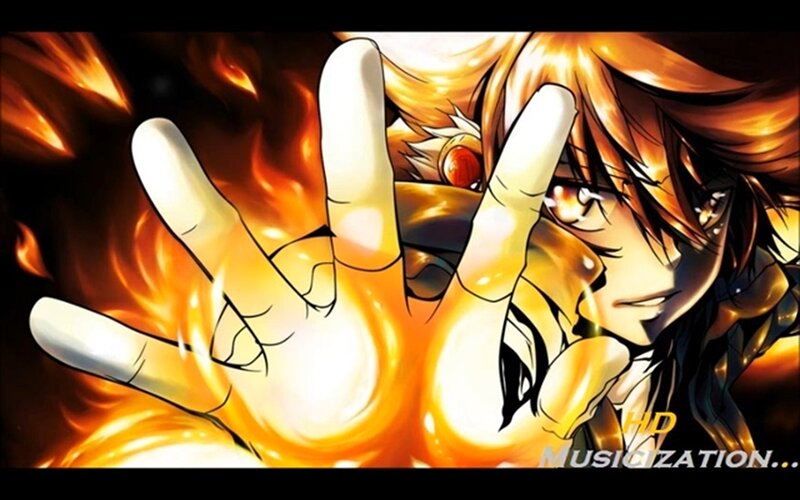 Anime Character with Fire — Orange, Dramatic, Manga, Hand Gesture