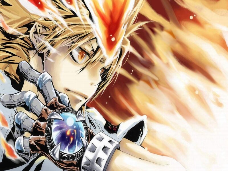 Anime Character with Fire — Orange, Dramatic, Manga, Mechanical Hand