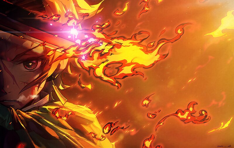 Anime Character with Fire — Orange, Dramatic, Manga, Sword