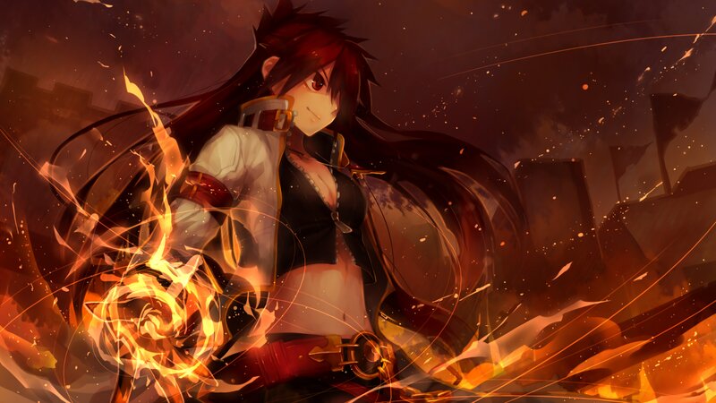 Anime Character with Fire — Orange, Dramatic, Night, Digital Art, Long Hair