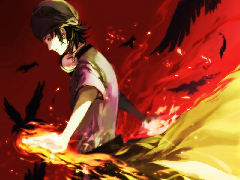Anime Character with Fire — Red, Dramatic, Digital Art, Crows