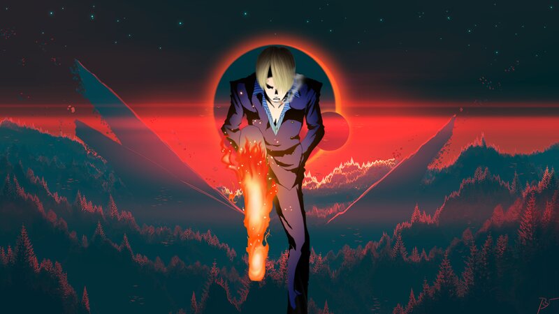 Anime Character with Fire — Red, Dramatic, Night, Digital Art, Mountains