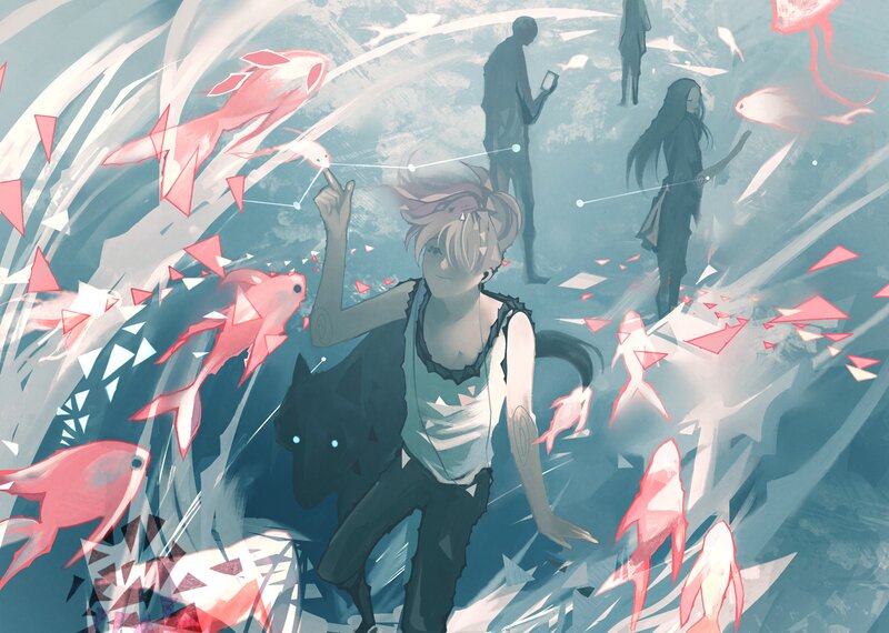 Anime Character with Fish — Blue, Dreamy