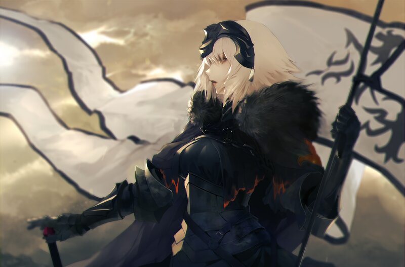 Anime Character with Flag — Black, Dramatic