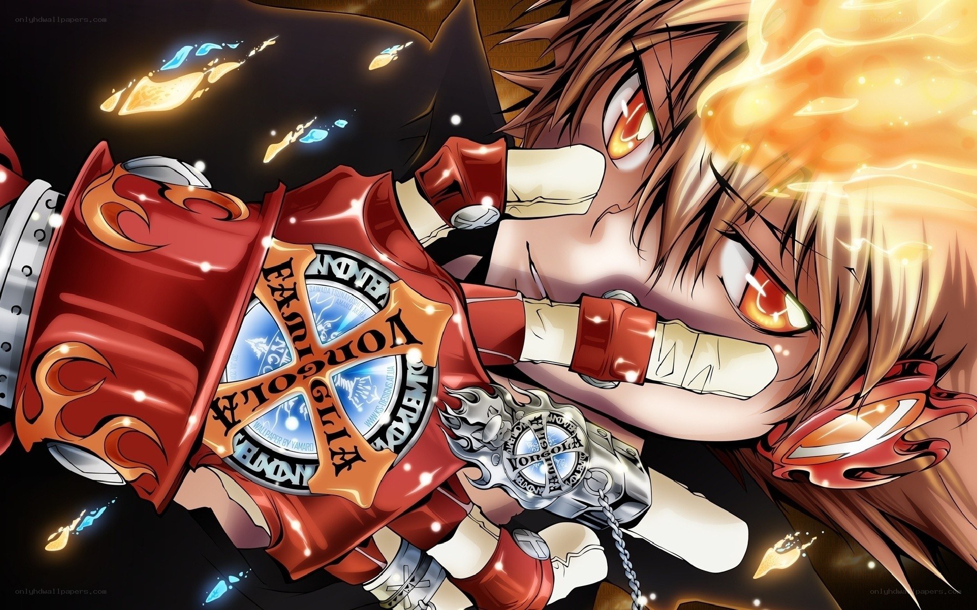 anime character with flame-themed gear