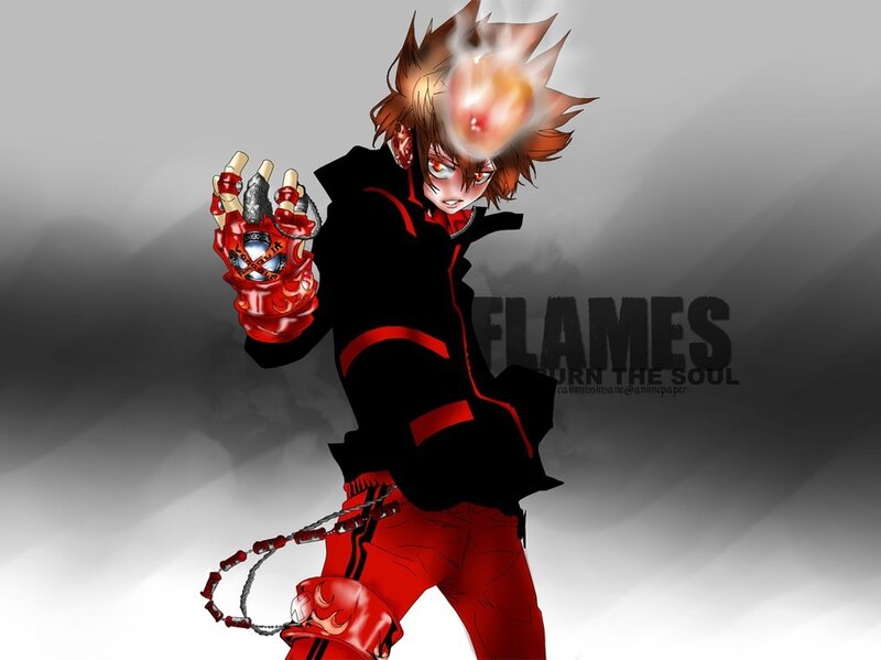 Anime Character with Flames — Black, Dramatic, Digital Art