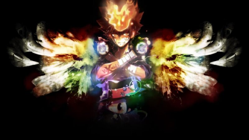 Anime Character with Flames — Black, Dramatic, Wings