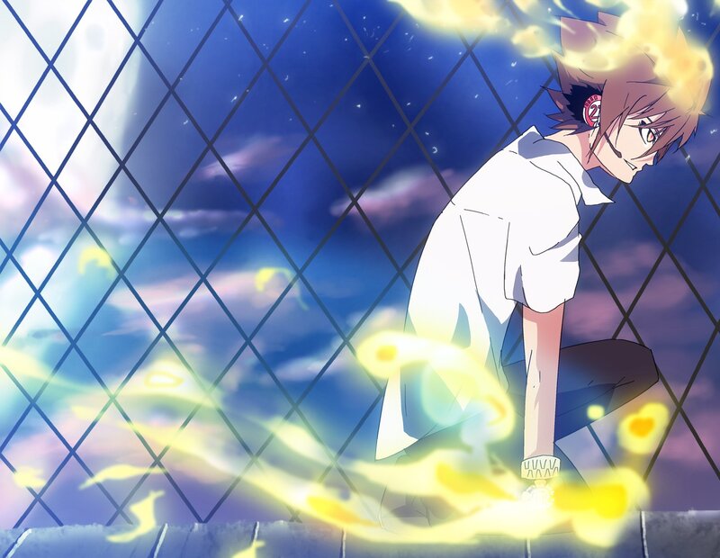 Anime Character with Flames — Blue, Dramatic, Night