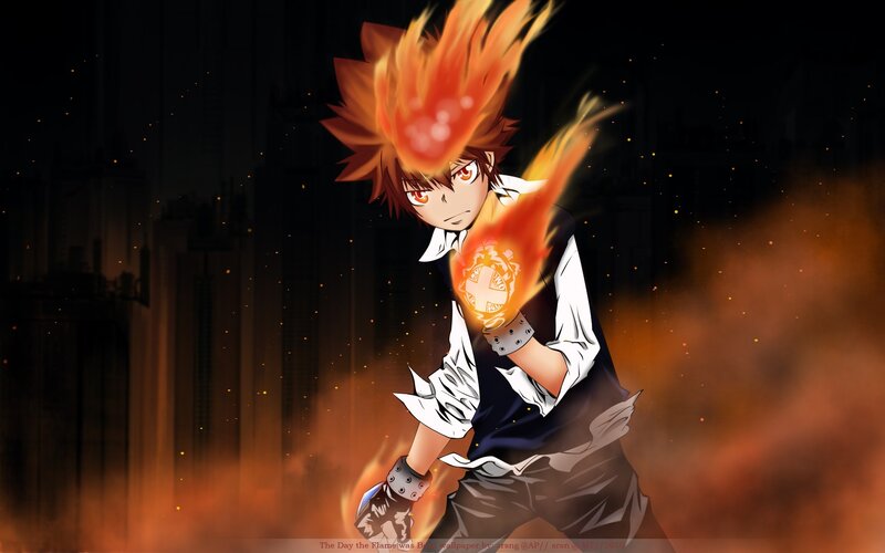Anime Character with Flames — Orange, Dramatic, Night
