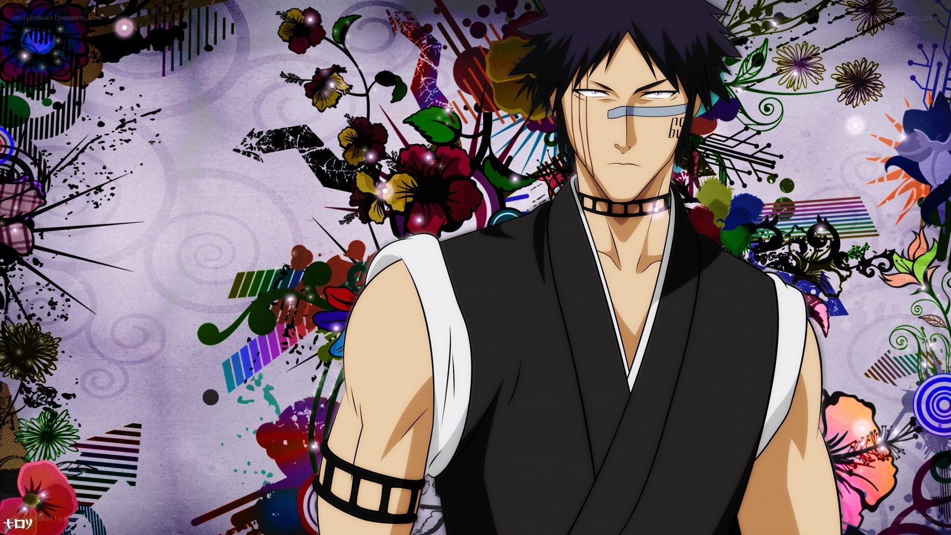 anime character with floral background