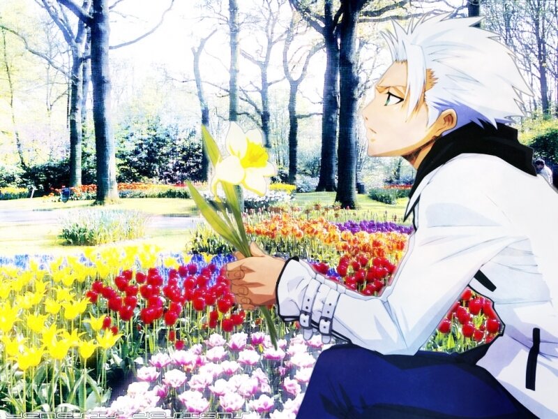 Anime character with flower in garden