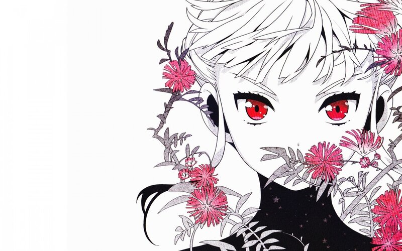 Anime Character with Flowers — Black, Dramatic, Manga, Red Eyes