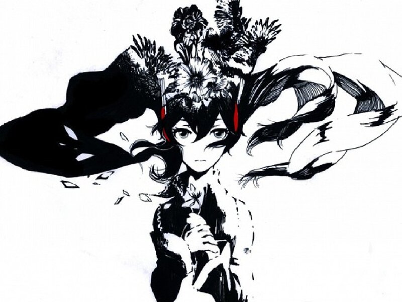 Anime Character with Flowers — Black, Dramatic