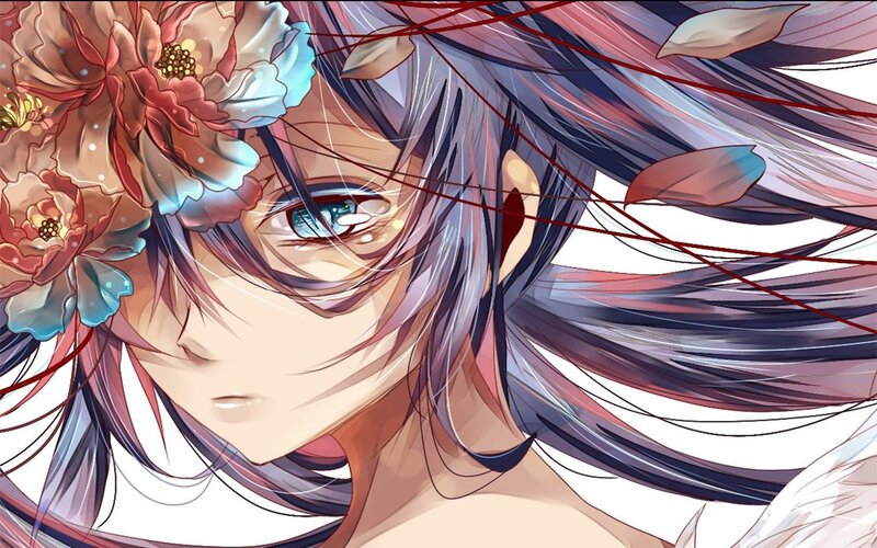 Anime Character with Flowers — Blue, Dramatic, Digital Art