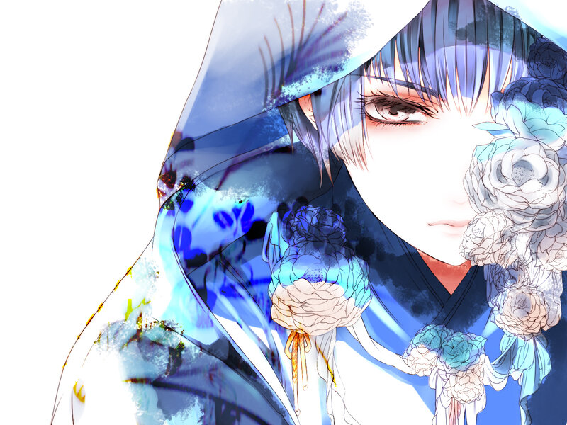 Anime Character with Flowers — Blue, Dreamy