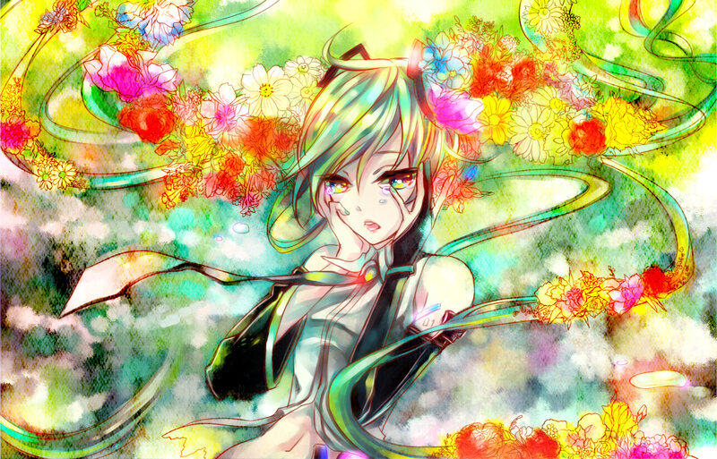 Anime Character with Flowers — Green, Dreamy