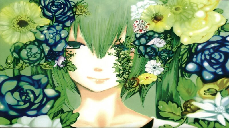 Anime Character with Flowers — Green, Serene, Manga