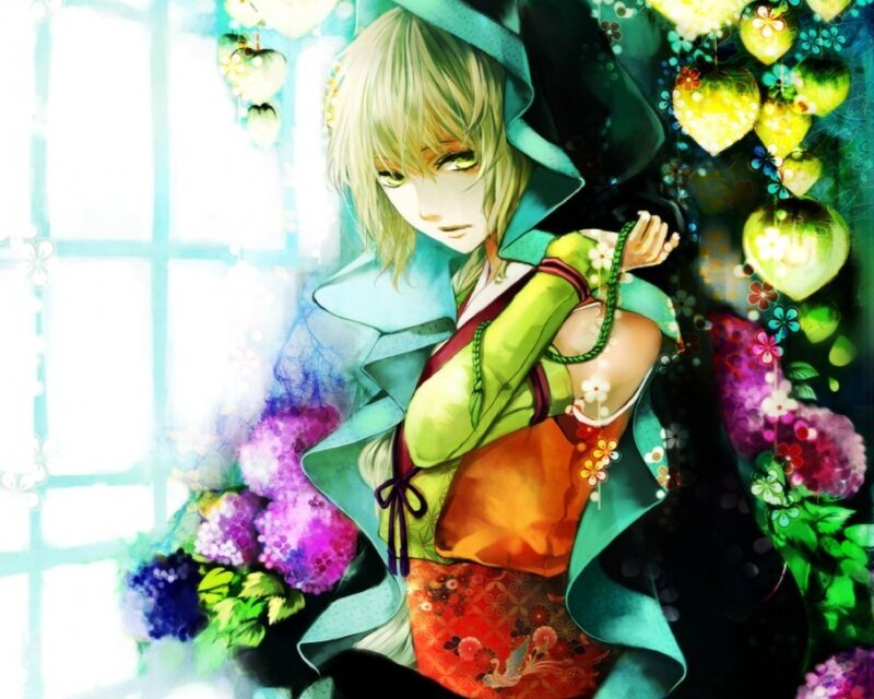Anime Character with Flowers — Green