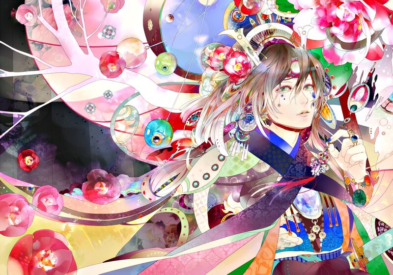 Anime Character with Flowers — Pink, Dreamy, Digital Art