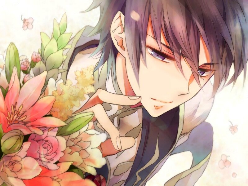 Anime Character with Flowers — Purple, Serene