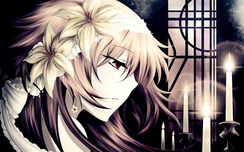 Anime Character with Flowers — White, Dramatic, Night