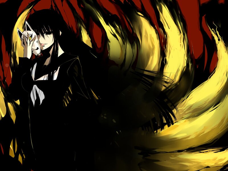 Anime Character with Fox Mask — Black, Dramatic
