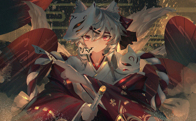 Anime Character with Fox Mask — Red, Dramatic